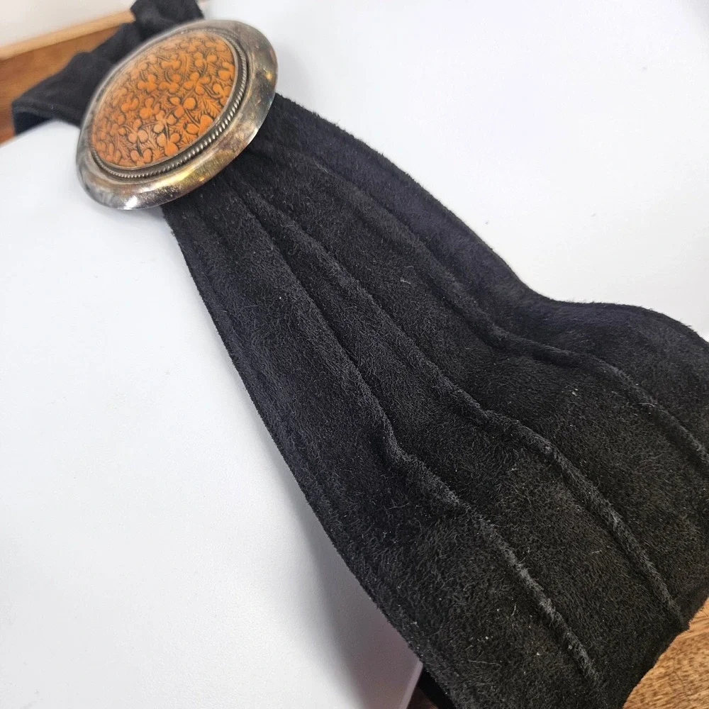 Vintage 80s Concho Suede Sterling Silver 925 Leather Medallion Belt Black Brown